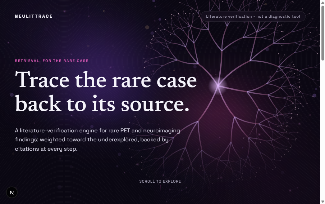 NeuLitTrace query form with the search box and interactive brain atlas